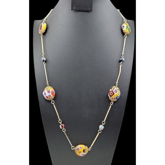 Venetian Murano Millefiori Art Glass Bead Necklace Bar Link Stations 40" Opera - Picture 2 of 16